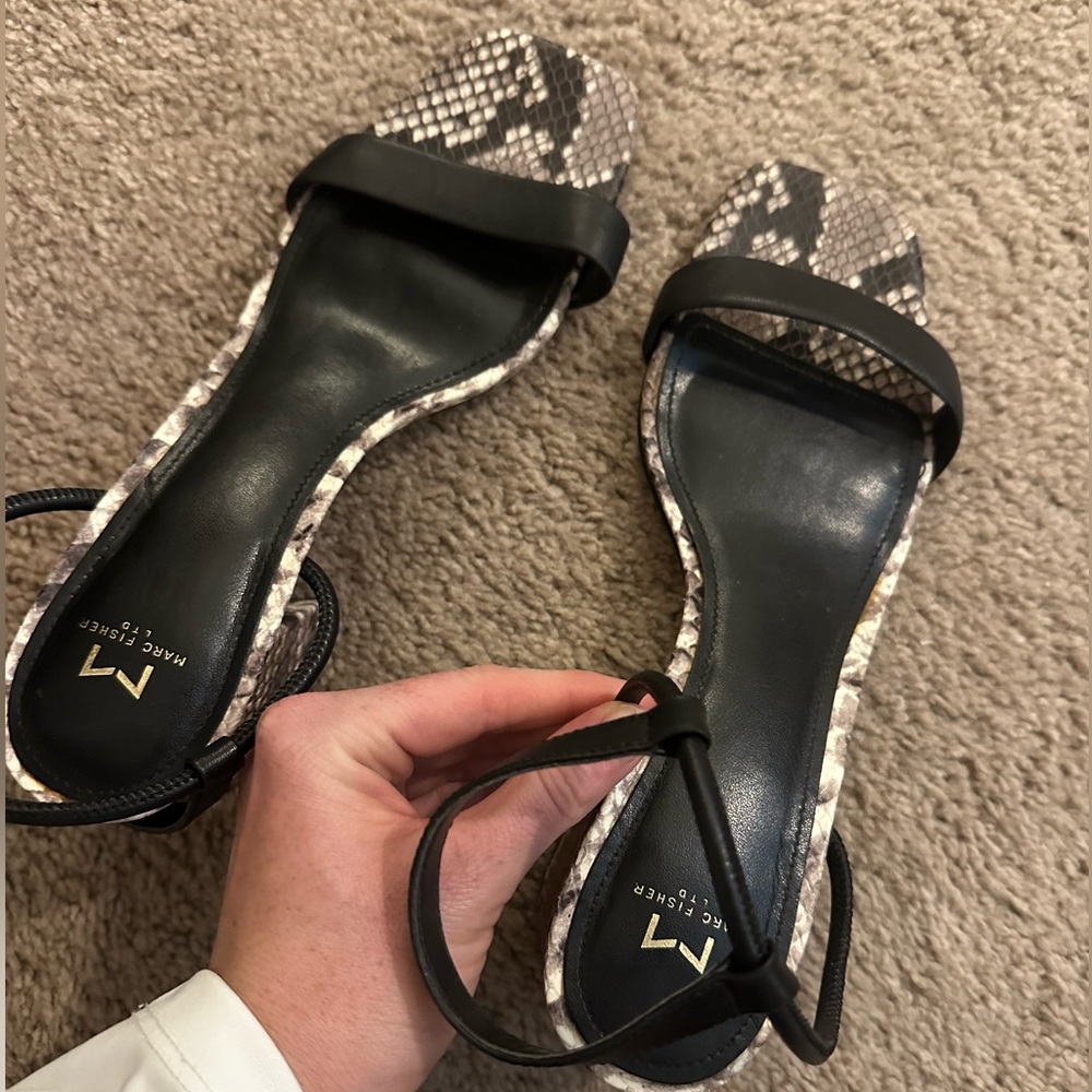 Marc Fisher Black and Snake Print Sandals
